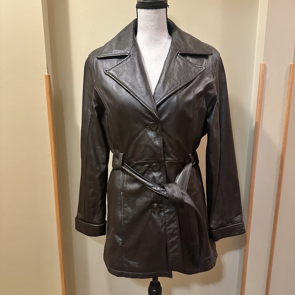 Wilsons Leather Jacket Women's Medium Dark Brown Mid Belted Boho Chic 90's Y2K